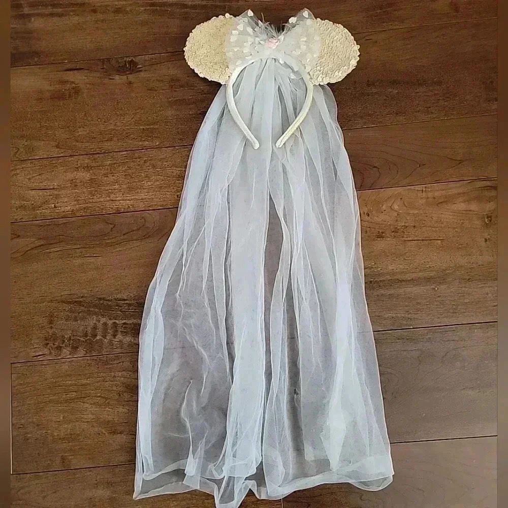 Disney Minnie Mouse Wedding Bride Ears Headband White Tulle Veil Sequin - Picture 2 of 4